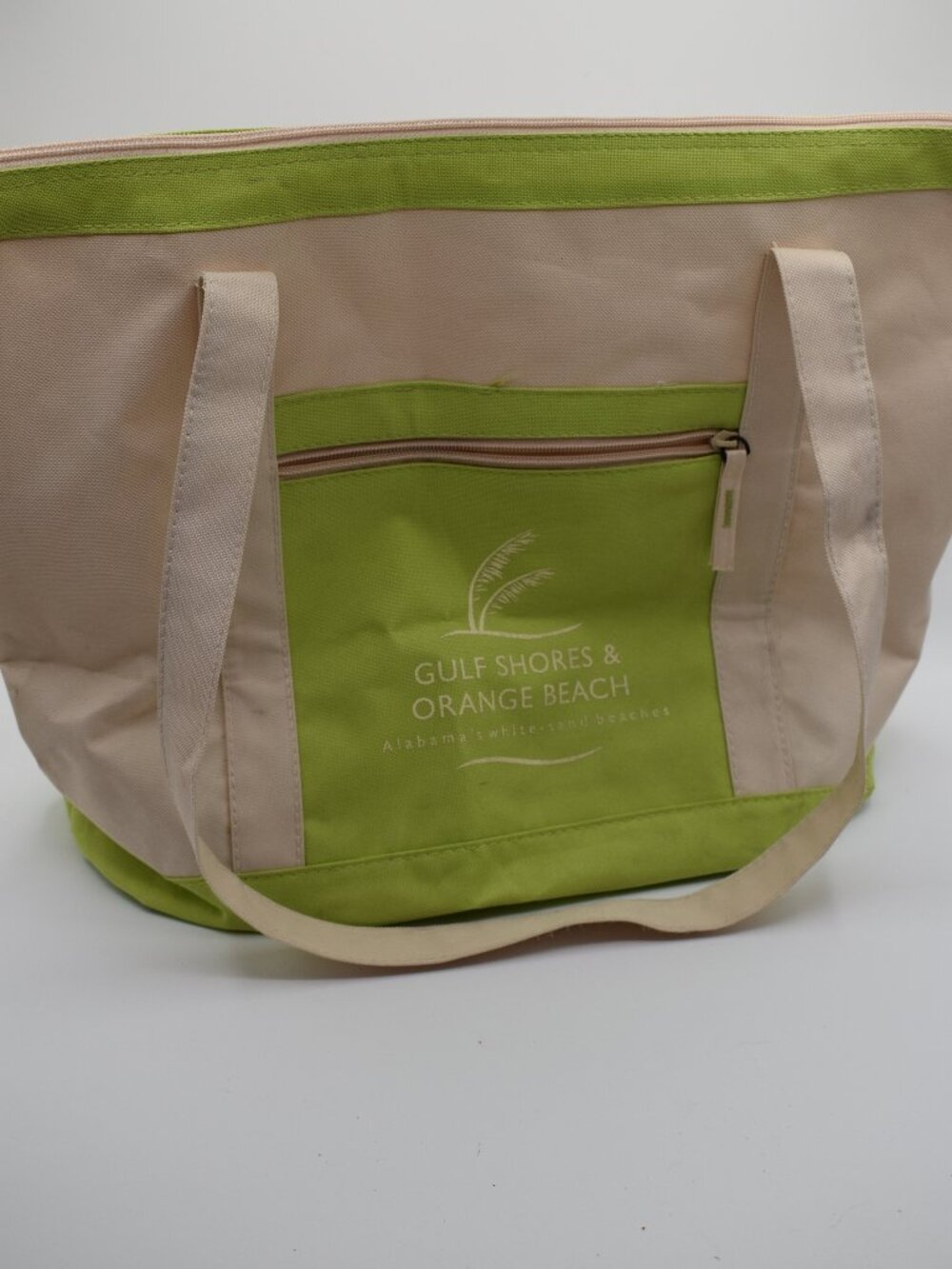 Gulf Shores & Orange Beach Tote Bag Cream & Lime Green Zippered Travel Bag